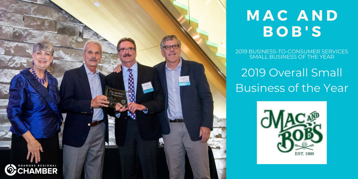 RoanokeChamber's tweet photo. Since 1980, @MacandBobs has served up delicious calzones, wings, pizza, salads, and more. Receiving a well-deserved standing ovation, they won the Business-to-Consumer Services category and were named our 2019 Best Overall Small Business of the Year. #ChamberSBA #WeekofWinners https://t.co/uOnGola2kP