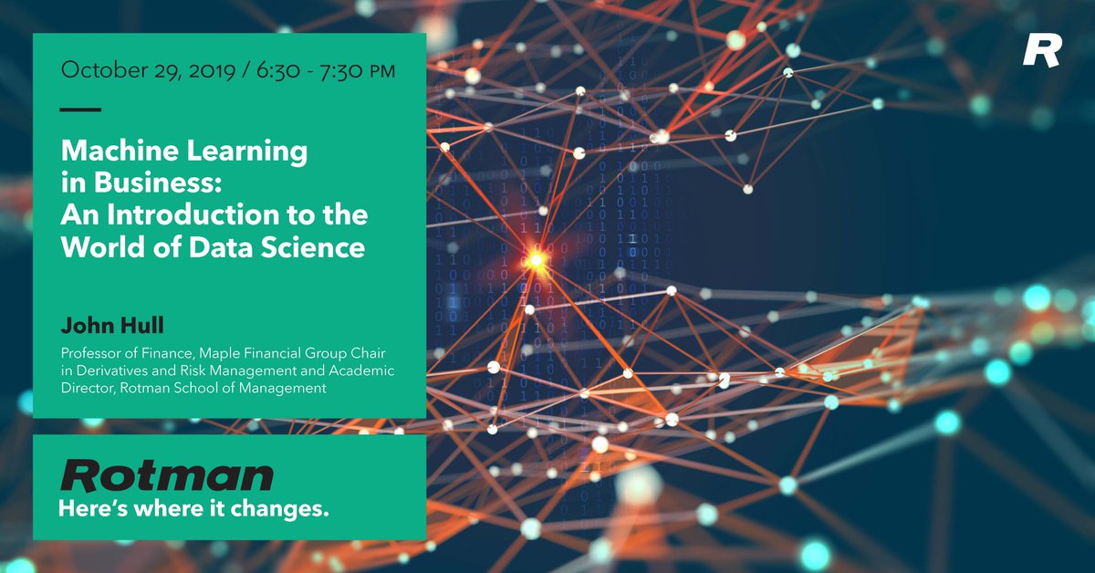 If you are an executive or a student, business applications of #MachineLearning and #DataScience are top of mind. In his new book Prof. John Hull shares examples in real estate, investments, and loans. <a href="/rotmanschool/">Rotman School</a> <a href="/rotmanfinhub/">Rotman FinHub in Advanced Analytics</a> Register now! bit.ly/32ODMpQ