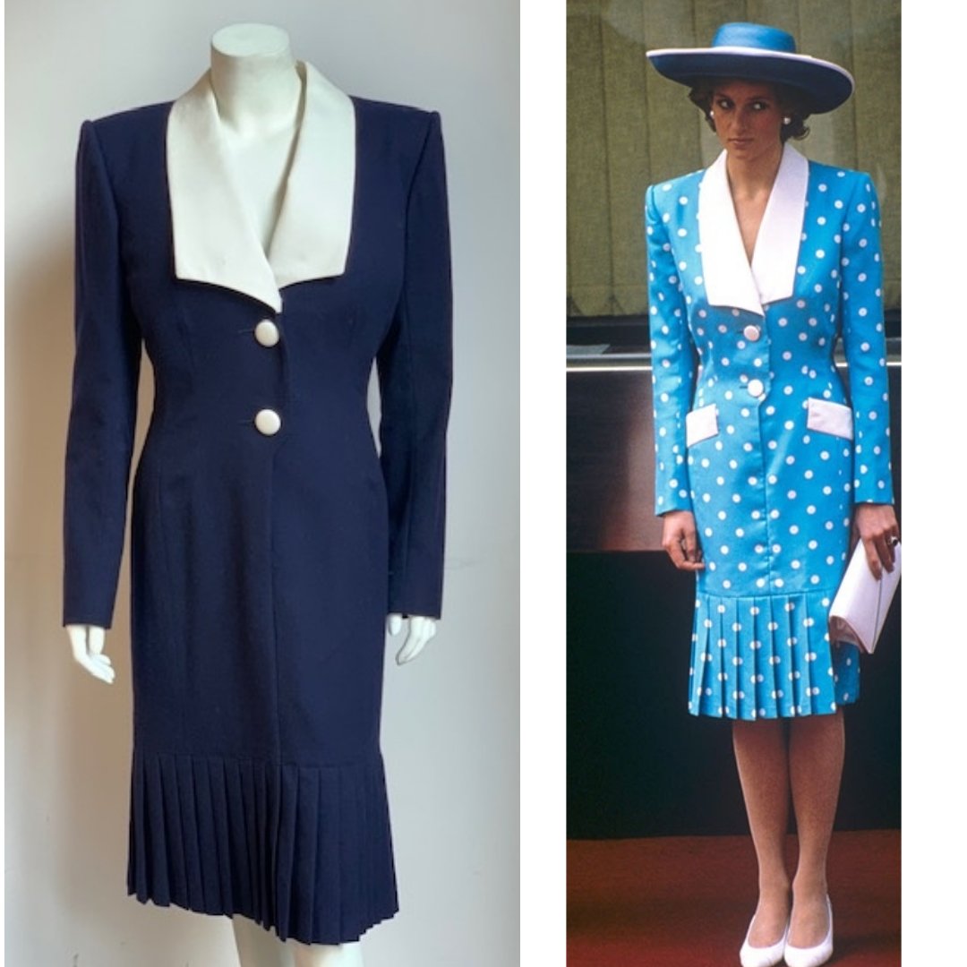 This navy wool dress by Catherine Walker was made for and worn by Princess Diana....but we have yet to find a photo! Can you help?! She is photographed wearing a polka-dot version of the same design in March & May,1989. #princessdiana #princessdianastyle #princessdianaforever
