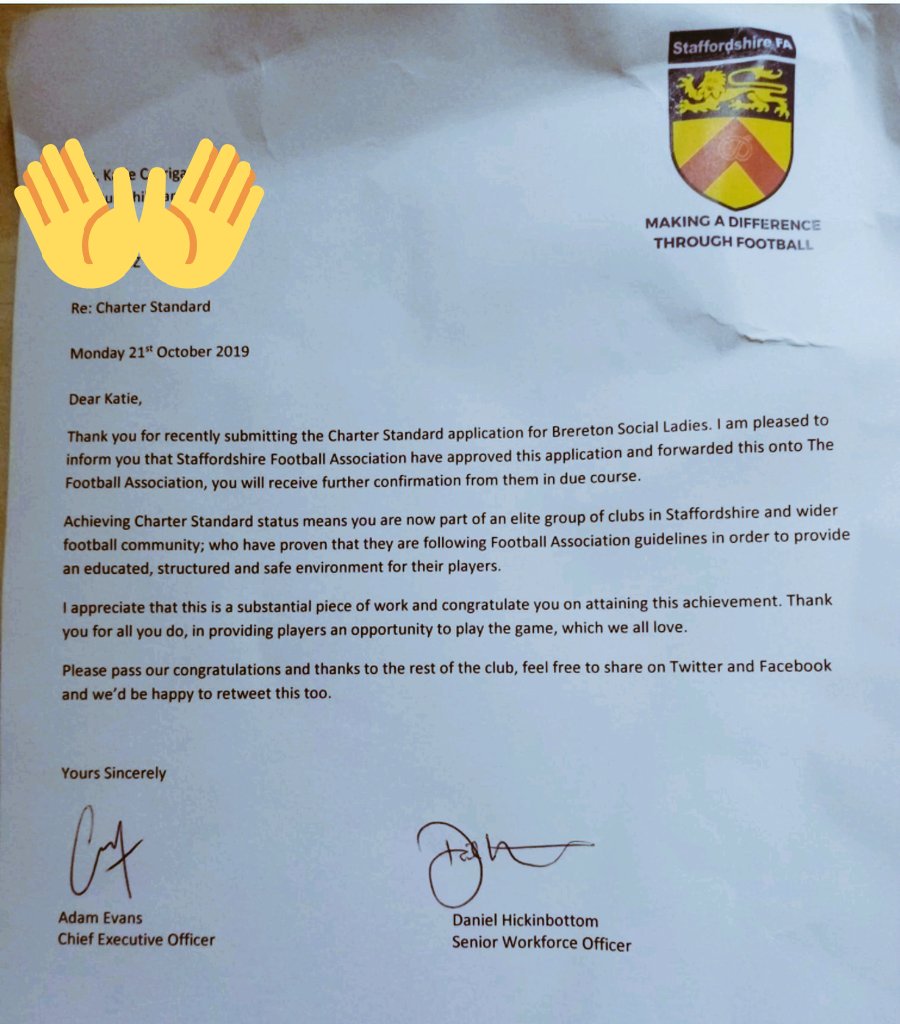 Delighted that all of our hard work setting up a ladies section has been rewarded by the <a href="/StaffordshireFA/">Staffordshire FA</a> with Charter Standard Status!! ⚽⚽⚽ Great work by all involved! #Mumsplay #thisgirlcan #ladiesfootball