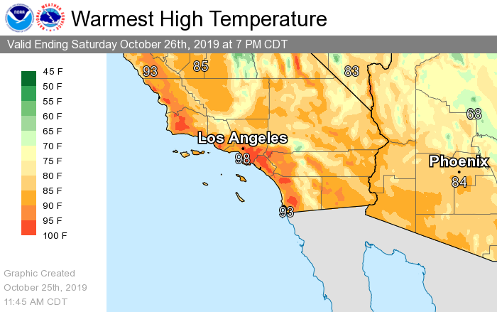 NWS's tweet photo. Extremely Critical Fire Weather Conditions continue today in southern California. Temperatures in the 90s with very low humidity will combine with wind gusts of up to 60 mph to create favorable conditions for extreme fire behavior and rapid growth. https://t.co/yHqfvKvytT