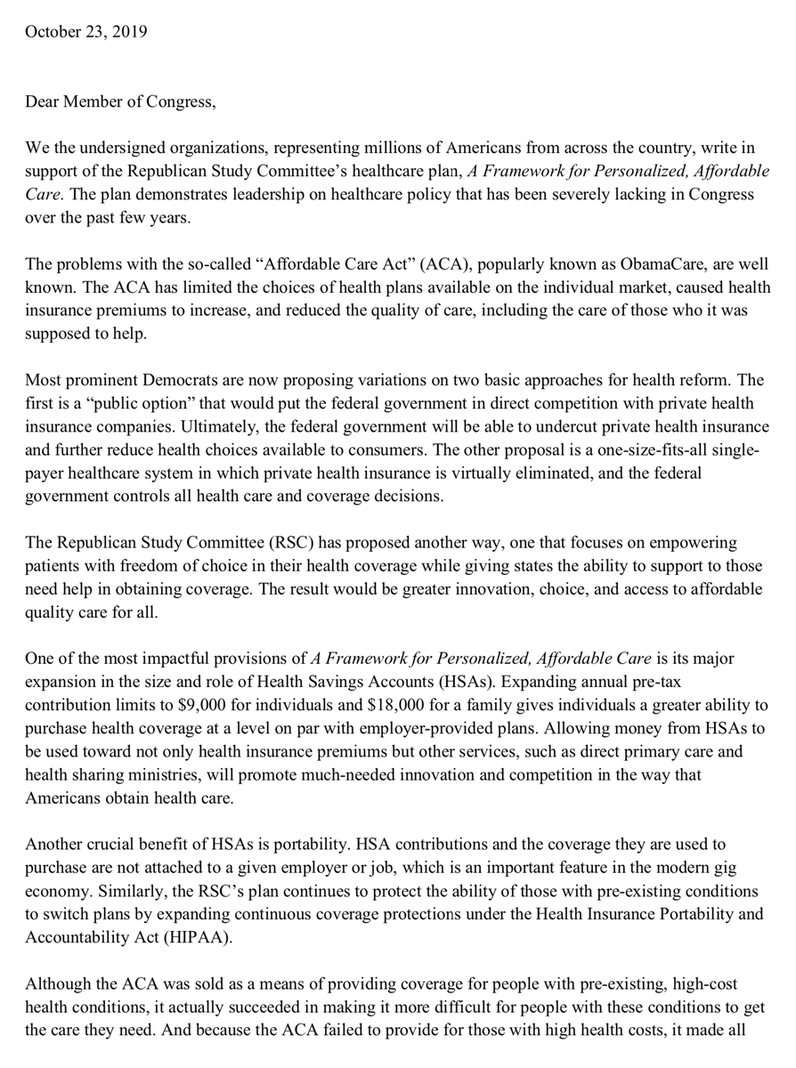 A coalition letter from outside groups supporting the RSC Health Care Plan.