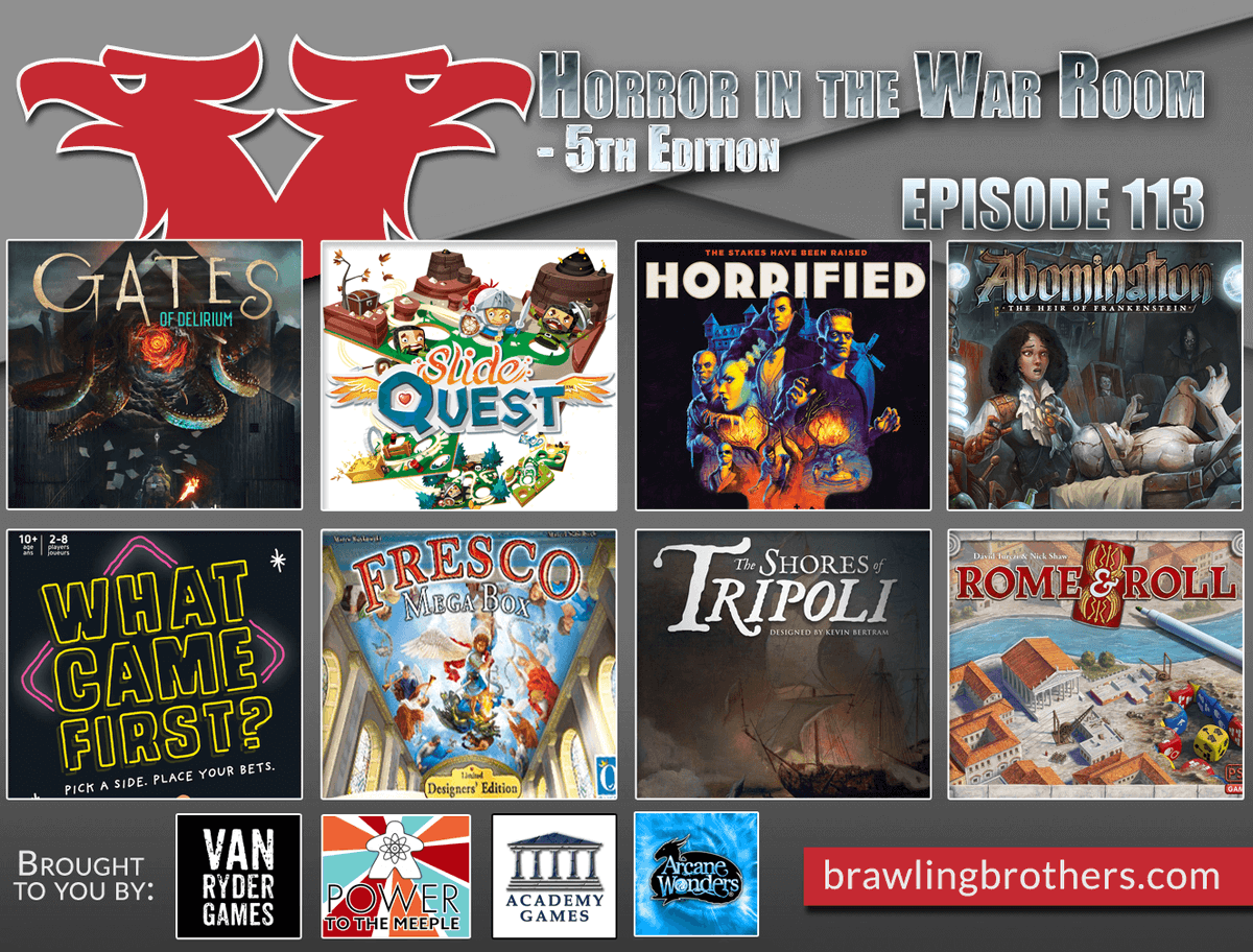 BrawlingBros's tweet photo. It's ALIVEEEEEEEE! Despite a short delay due, we've managed to button up episode 113 and its now available for your earholes! Tune in to our 5th annual HORROR in the WAR ROOM &amp; enjoy our radio drama written by @evanderrick of @VanRyderGames! #boardgames https://t.co/KbHIGqZFah https://t.co/8EZuPBBVGF