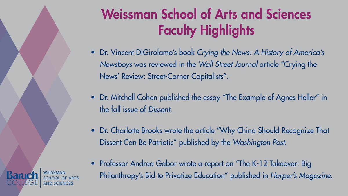 Baruch_Weissman's tweet photo. Our Professors are published! Head to the Baruch College newsroom to see what our faculty have been up to this month: https://t.co/uirhbzjQXB

#BeBaruch #BaruchPride #DestinationWeissman #ArtsandSciences #FridayFeeling #MediaRoundup https://t.co/OiAY9lDu3w