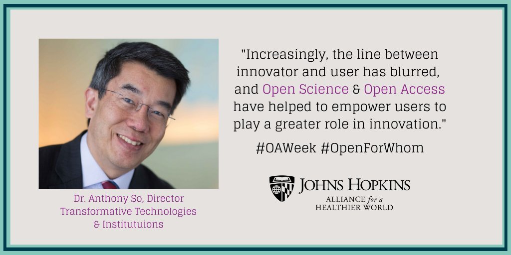 See how #OpenAccess and #OpenScience can support #HealthEquity in this interview with Dr. Anthony So, director of Transformative Technologies & Institutions at AHW. bit.ly/2Joit73  #OpenForWhom #OAWeek
#OAWeek19 #OpenAccessWeek