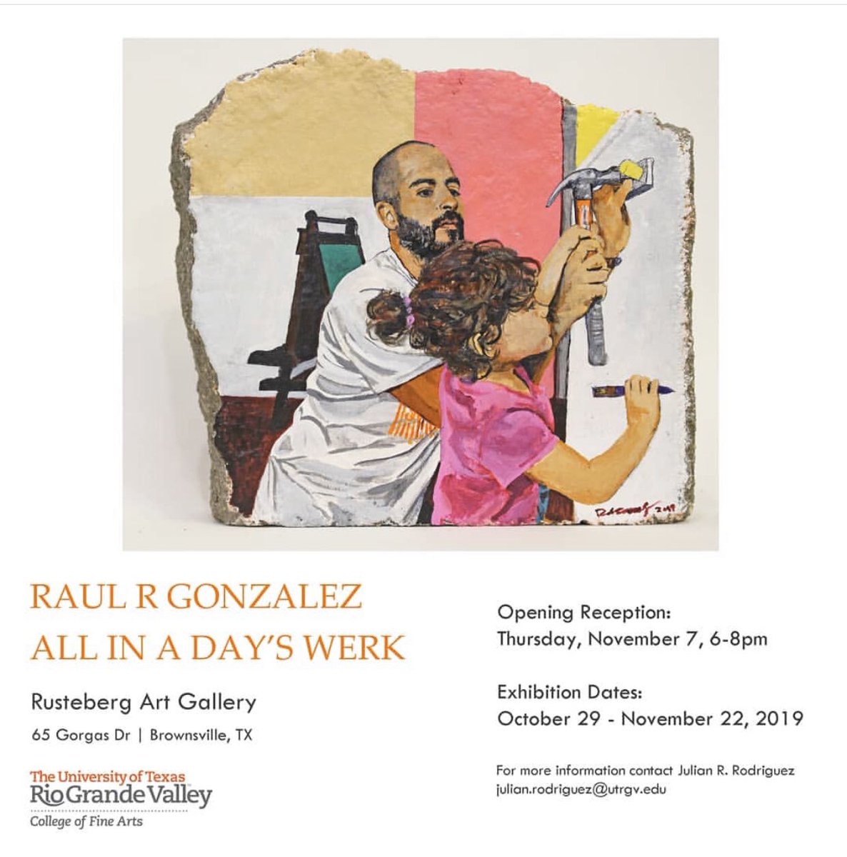 UtrgvA's tweet photo. Mark your calendars ๐ for the upcoming #exhibit at the #Rusteberg #Art #Gallery.
The ๐ผ exhibit will feature the work of San Antonio based artist Raul R. Gonzalez.
Join us with the artist for the #reception on Thursday #November 7, 2019 from 6 -8 pm. https://t.co/R6IWnKp7gi