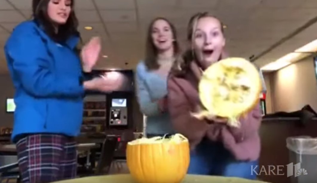 kare11's tweet photo. Update: After nearly 3 hours of @AlexandraLSimon @alicialewisKARE loading 806 rubber bands onto this very determined little pumpkin, it exploded approximately 8 seconds after we left the room. Watch the whole thing here. https://t.co/04Hx98CqhH https://t.co/4G3xS6eUDS