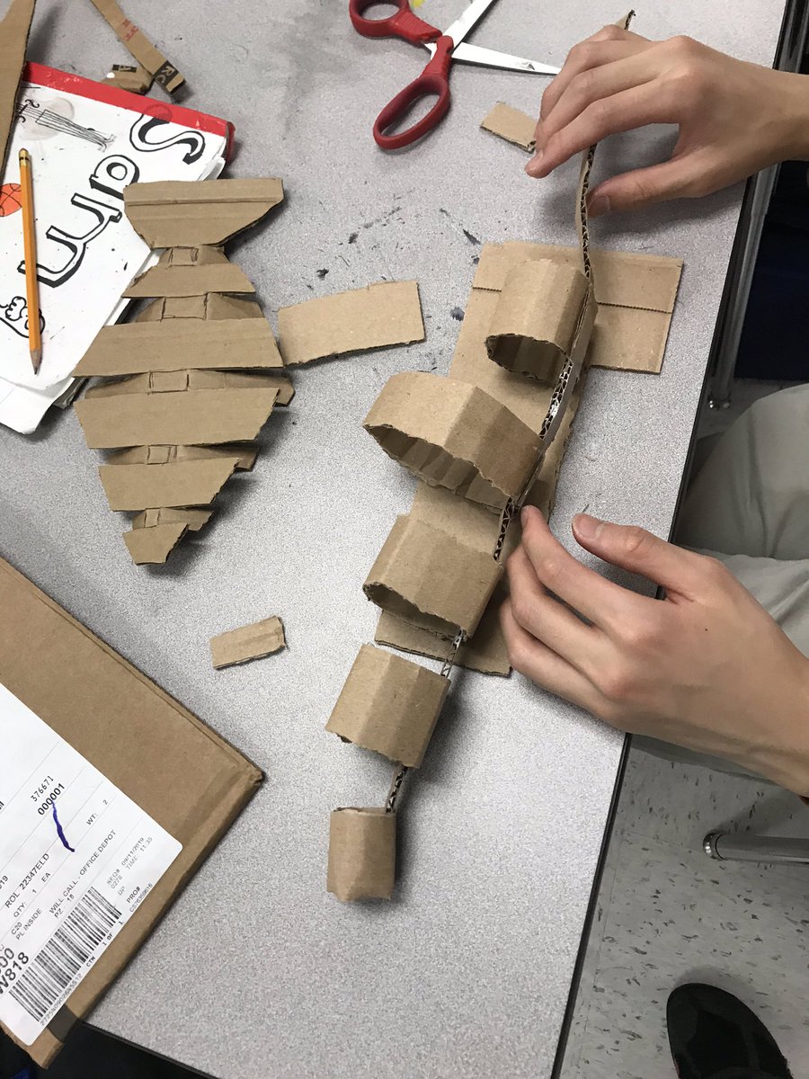 Artguy76's tweet photo. Who says Cubism is easy? Checkout these cardboard cubist sculptures from my intro #middleschool artists! #FabArtsFri #K12ArtChat #CreativelyConnectedEDU #pisdcreatesart #rennercreatesart https://t.co/ghkYAmbks5