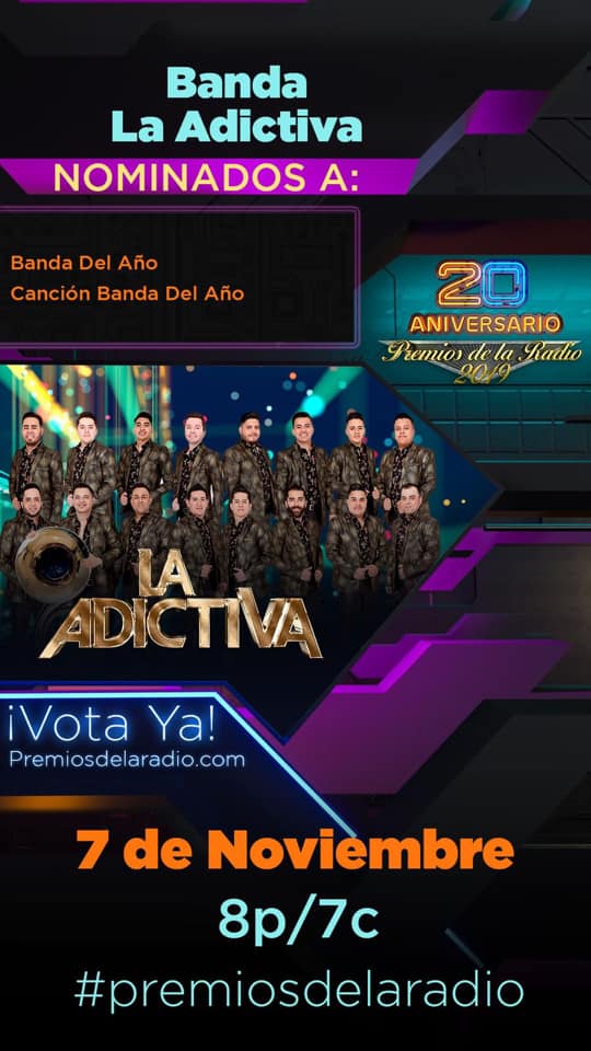 adictivaoficial's tweet photo. ¡Plebes no dejen de votar! Estamos nominados en categoría “Banda Del Año” y “Canción Banda Del Año” en Premios de La Radio 2019. 
Voten ya en: 
🔴https://t.co/A3TzP6gLFz
🔴 https://t.co/pDVJf1Ed1s https://t.co/CDgcMrQaVW