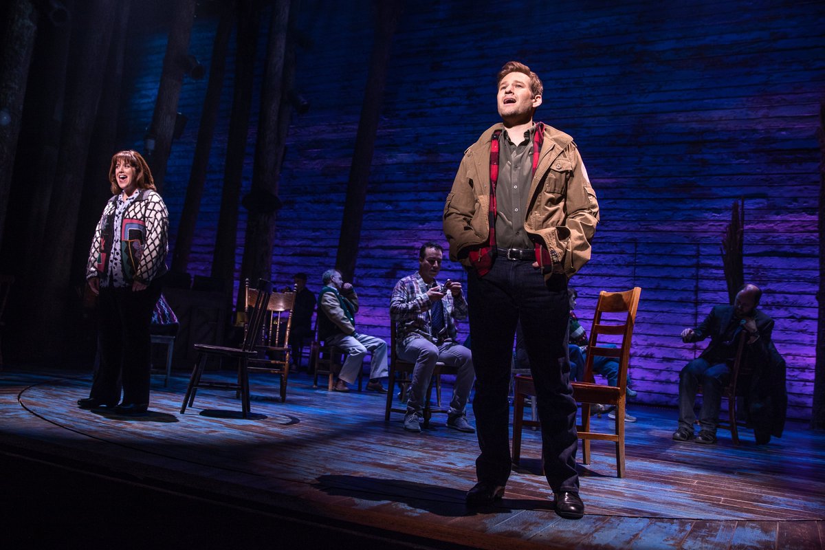 Chad Kimball and Sharon Wheatley in the spotlight on stage at the Schoenfeld Theatre. 