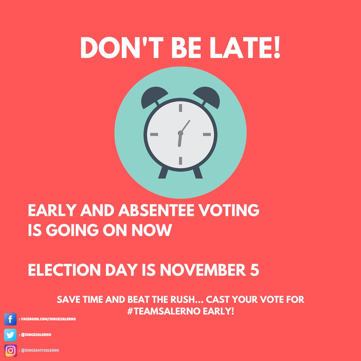 JudgeSalerno's tweet photo. Early and absentee voting is going on now! Vote early for the one you know... Salerno! https://t.co/CiJEDErC8s