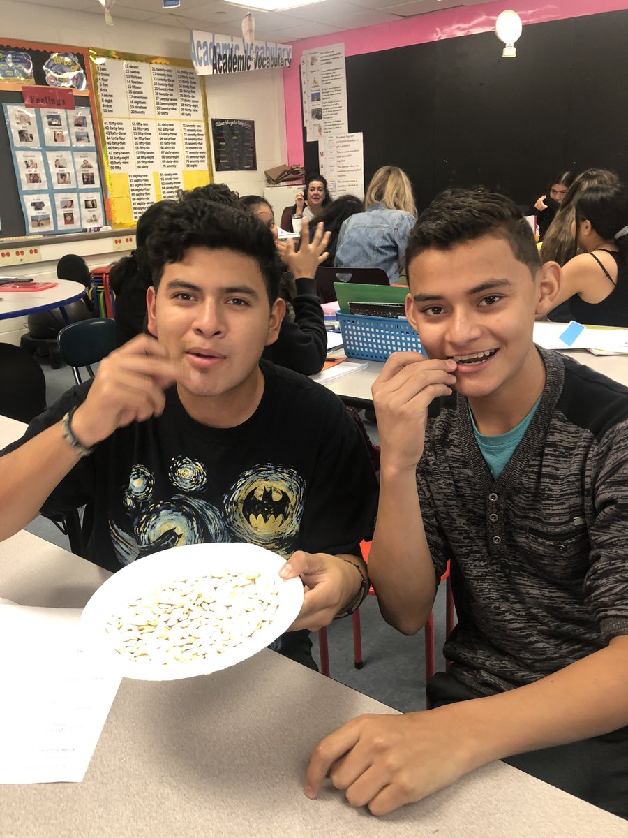 SHSLanguages's tweet photo. Working hard while we sample the literal seed of our labors from yesterday’s holiday activities. Pumpkin seeds taste best when you roast them yourself! 🎃👻 @EducatingMANka #SPSInspire https://t.co/CQ2NujS3SD