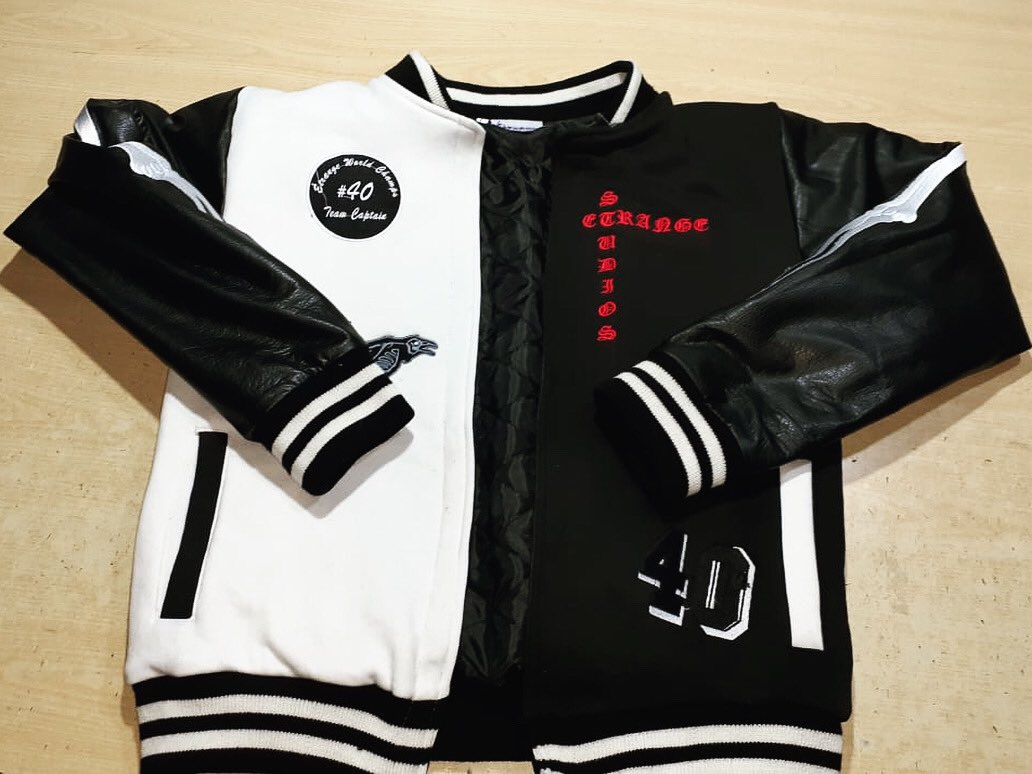 Trust1nET's tweet image. @etrangestudios cut and sewn letterman jacket with premium genuine leather sleeves and embroidered design details.

This piece is inspired by &amp;amp; dedicated to my brother Forest "40" Rochon who was taken from us before his time. Good souls live on forever. #RIPFO