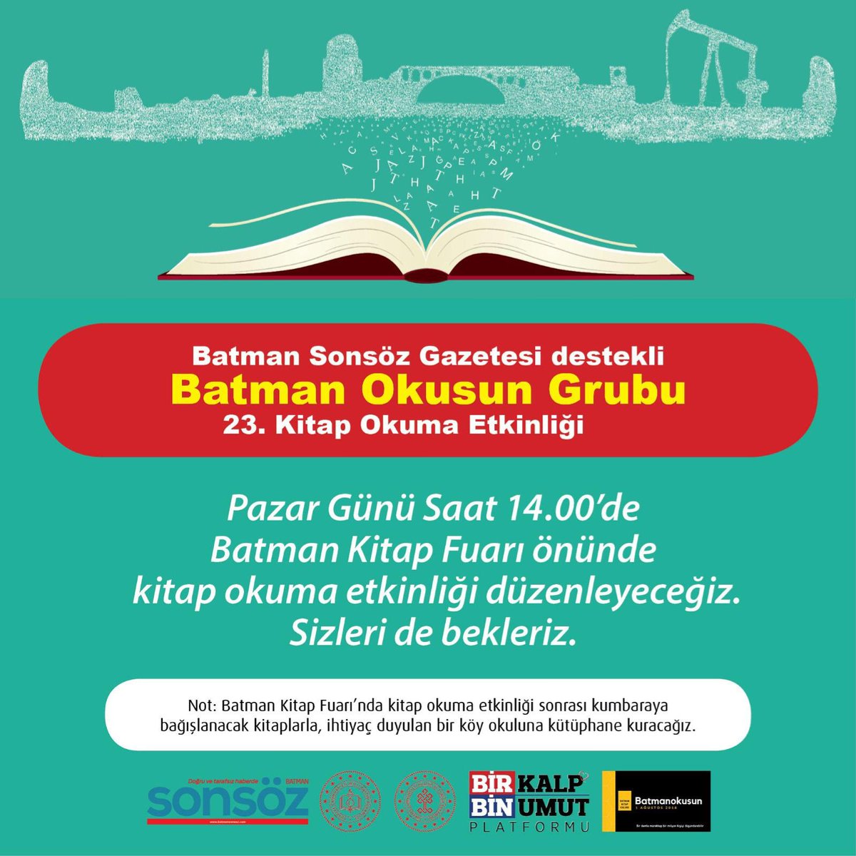 Pazar Günü Saat 14:00'da Batman Kitap Fuarı Önünde Kitap Okuma Etkinliği Düzenlenecektir. Sizleri de bekleriz.
<a href="/batmanvaliligi/">Batman Valiliği</a>