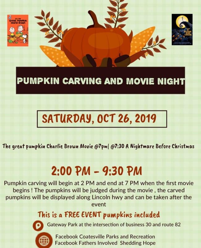 Reminder: Join us at Gateway Park on Saturday, October 26th from 2pm to 9:30pm for our Pumpkin Carving &amp; Movie Night event!

Details:

2pm-7pm Pumpkin Carving

7pm "It's The Great Pumpkin Charlie Brown"

7:30pm "A Nightmare Before Christmas"

We look forward to seeing you there!