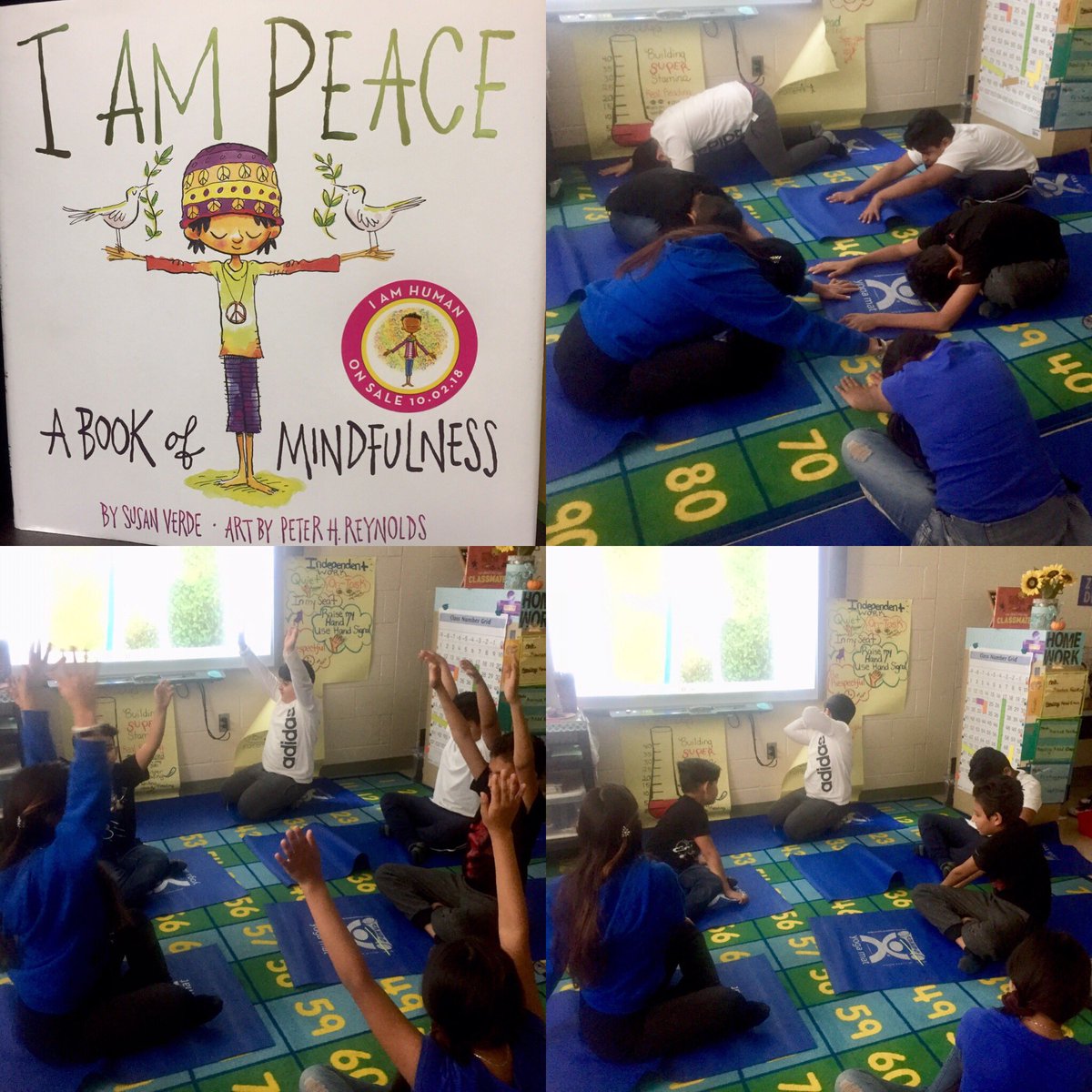 AGr0ss's tweet photo. For Peace Week we read I Am Peace. We learned different ways to find peace &amp; be present, especially during our “unsteady moments.” 3rd &amp; 4th grader’s agreed that their favorite way was to focus on linking their breath to movement!☮️#Mindfulclassrooms #ResourceRocks #WhyLP https://t.co/aUxyOpwJSI