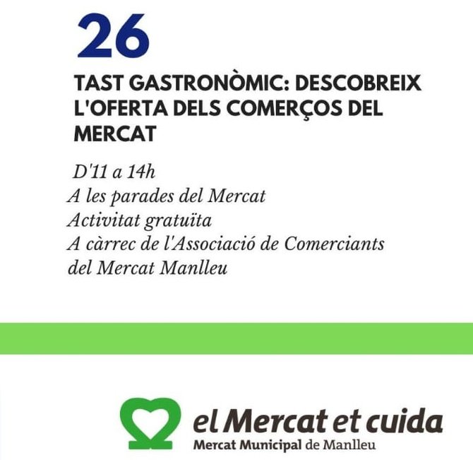 mercatmanlleu's tweet photo. I demà, a partir de les 11h, descobreix l'oferta de les parades del #MercatManlleu mentre compres 😉
👉Tastets de productes a les parades col·laboradores 😋
#elmercatetcuida 💚 #setmanaRSC
#consumiproduccióresponsables #ODS https://t.co/N3g4pduIHV