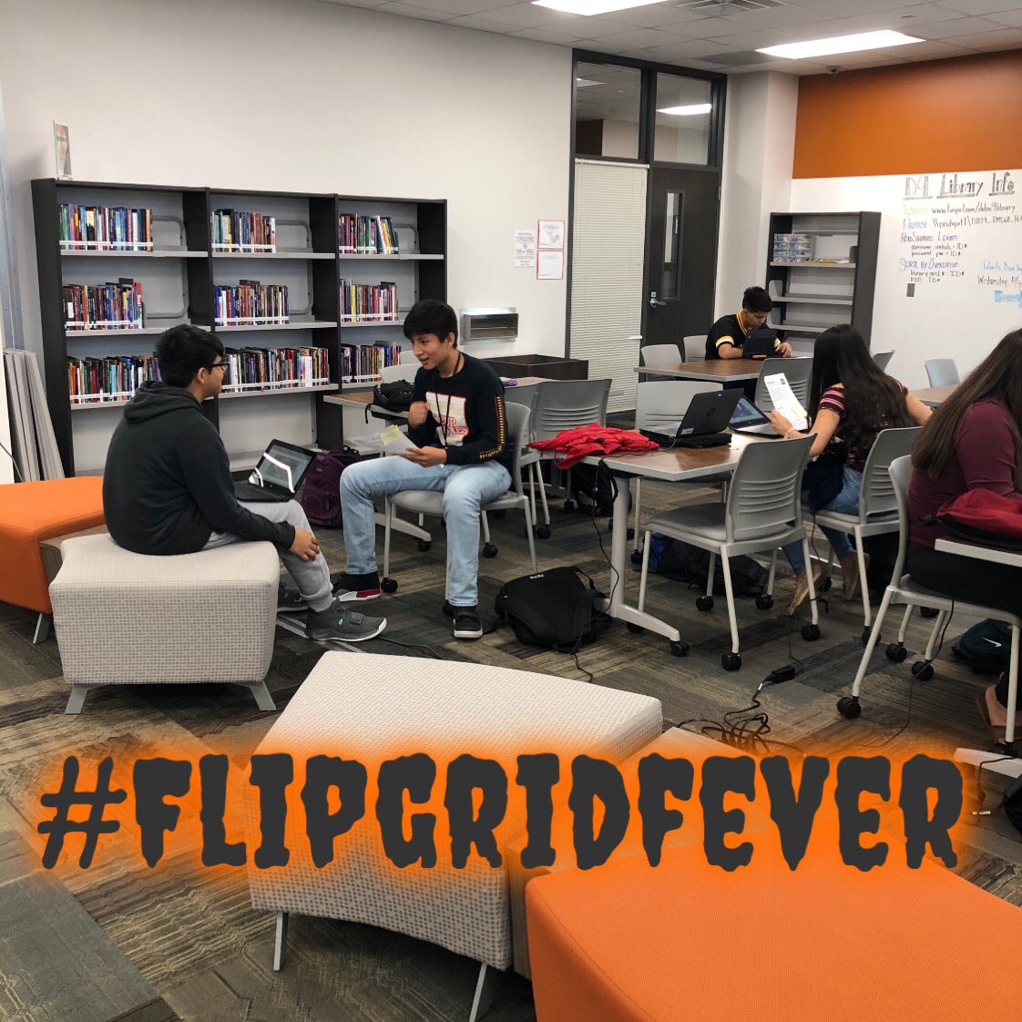 Dobie9Library's tweet photo. Mr. Scheffer’s English classes were in the library today creating #flipgrid video responses! #d9library #FlipgridFever #FlipgridFriday #pisdREADS #librarylife #HSLibrary #longhornsREAD #LIbraryClassroom https://t.co/T1f9PCaPqZ