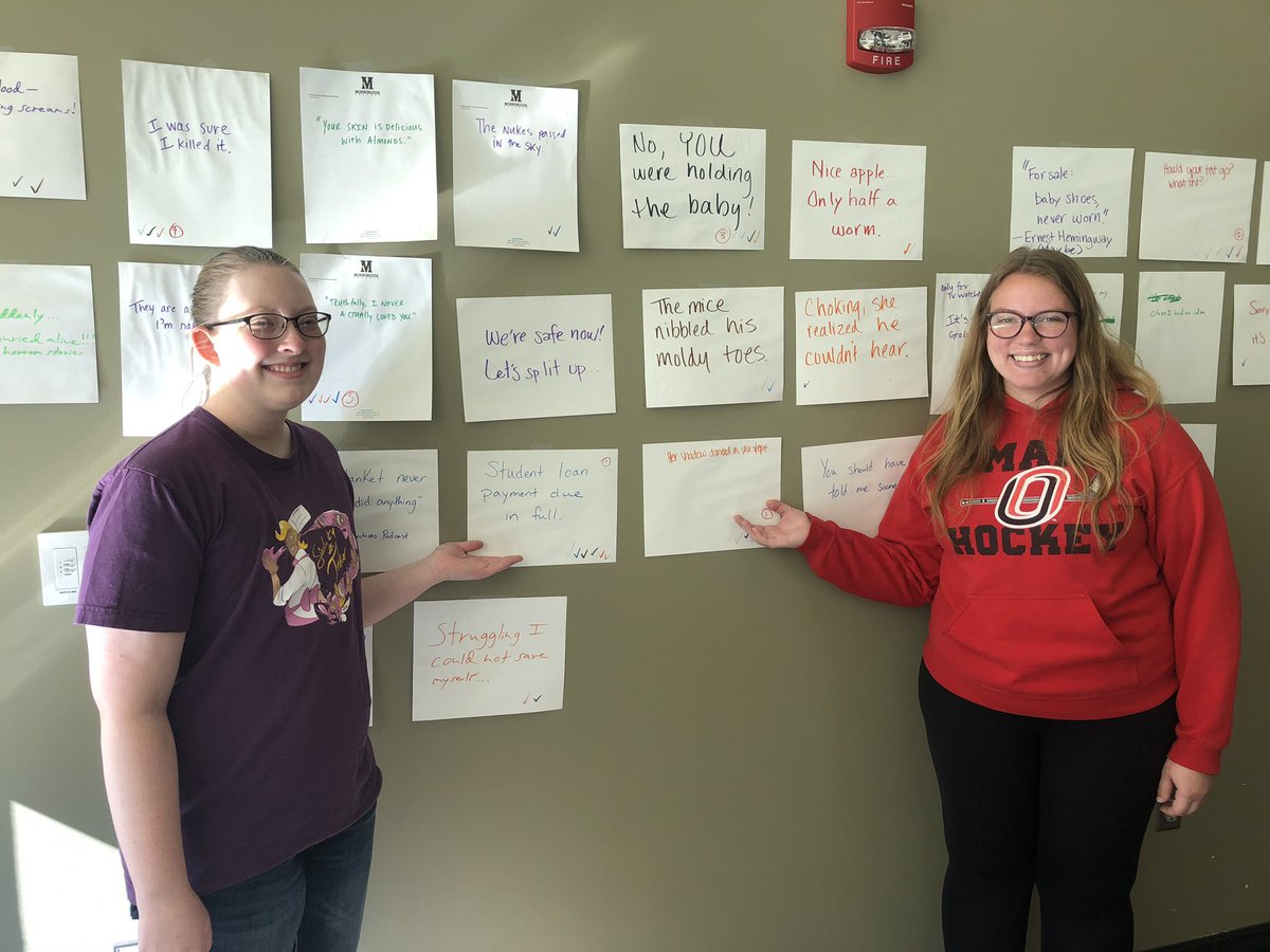 ecoody's tweet photo. Our fabulous #FridayIsWritingDay #fiwd six word horror story winners! Kit with the terrifying “Student Loan payment due in full.” And Taylor with the creepy “Her shadow danced as she slept.” I’m in a Halloween mood now, @morningsideedu #msideproud https://t.co/qTd145kxSB