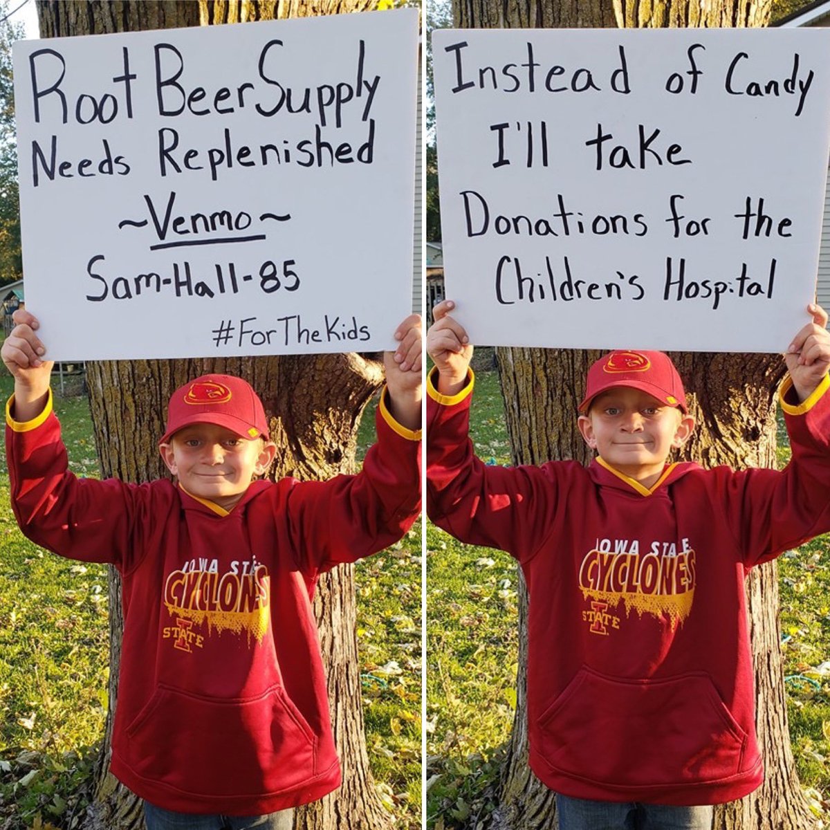 KeithMurphy's tweet photo. Check out Sam in his Halloween costume asking for money #FTK instead of candy. 🙌🏻 @CarsonKing2 sent this to me, and Sam’s mother Cindy says Sam is already up to $1900. 

Well done, Sam. Something tells me you’ll get some candy too. 😊 
@WHOhd https://t.co/ywnr8nP3zD