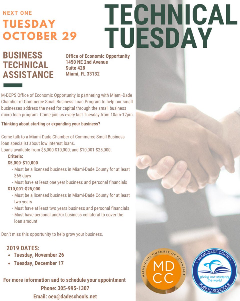 cpebamiami's tweet photo. OEO's #TechnicalTuesday with the @Mia_DadeChamber

Reserve your spot at https://t.co/20zgMMIYNh

Every last Tuesday at the M-DCPS Office of Economic Opportunity
1450 NE 2nd Avenue, Suite 428
Miami, FL 33132

#GetCertified #MDCPSBizOpps #EconomicOpportunity https://t.co/ro9C74Zy4O