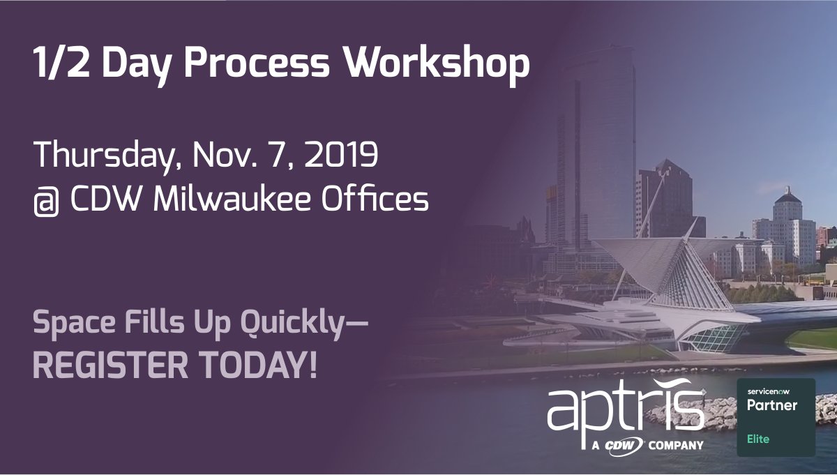 AptrisITSM's tweet photo. Milwaukee IT professionals! Join us on 11/7 for a half-day #ITSM #Process workshop your team won't be able to stop talking about. Takes place @CDWCorp's Milwaukee office. Register today! » https://t.co/Ln7LROrryY https://t.co/DfaNsagIPW