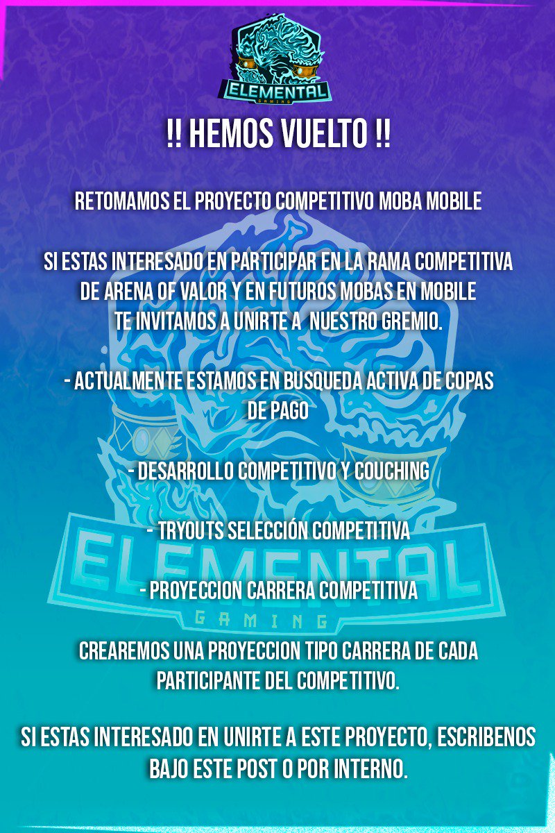 Hemos vuelto!!! Con grandes desafíos 🙅‍♂️💪🎮
Favor de su ayuda!!! <a href="/AovComunidad/">DIOS, PATRIA, FAMILIA Y LIBERTAD ❤️</a> <a href="/ArenaofValor/">Arena of Valor</a> @arenaofvalorsp @FichajesAoVLAT <a href="/Promotions_MDL/">Mᴀ́ϙᴜɪɴᴀ ᴅᴇ Lᴇᴄʜᴇ💦👅</a> <a href="/E_SPORTS_GAMING/">E-SPORTS GAMING PROMOTIONS</a> @PromotionsGmg_ <a href="/ArenaofValorSPA/">Arena of Valor ❁</a> <a href="/ArenaOfValorLAT/">Arena Of Valor Latinoamérica</a> <a href="/ArenaofValorLA/">Arena of Valor Latinoamérica</a> <a href="/sebasCRK/">Sebastián Rojas</a>