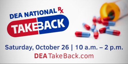 trchealthcare's tweet photo. Remind patients that tomorrow, National #RxTakeBackDay, is a great time to dispose of expired, unused, or unwanted meds (#vape pens and cartridges, too!). Point them to collection sites via the DEA's event toolbox: https://t.co/1hFmN81OqL #DEAtakeback #prescriptiontakeback https://t.co/zCRSzsGk2A