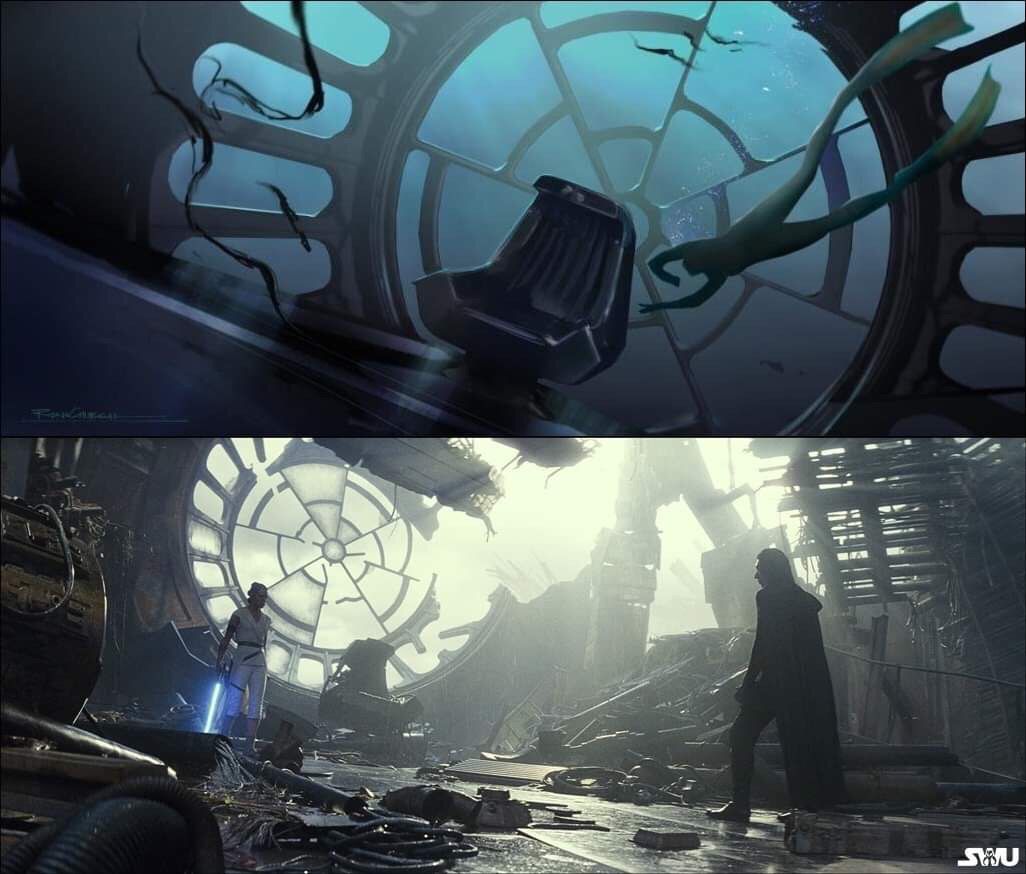 TheSWU's tweet photo. TOP: Early #TheForceAwakens concept art showing Rey in a submerged Emperor’s throne room in the wreckage of Death Star II.

BOTTOM: Rey &amp; Kylo Ren confront each other inside the remnants of the Death Star on Kef Bir in a scene from #TheRiseOfSkywalker. -B-

#ConceptToScreen -B- https://t.co/3j0megrsyx