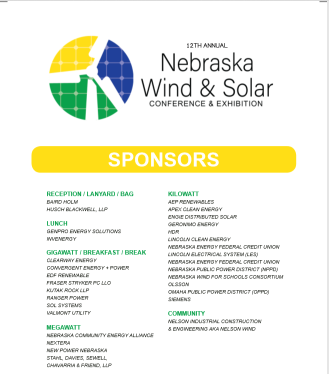 nebraskaWSC's tweet photo. Today we highlight our generous sponsors, and thank them for their support of this year's conference! @BairdHolm @KutakRock @HuschBlackwell @GenProEnergy @ValmontInd @InvenergyLLC @RangerPowr @ConvergentEP @FraserStryker @ENGIENorthAm @Siemens_Energy @HDR_Inc @AEPnews https://t.co/EmDHBN54L0