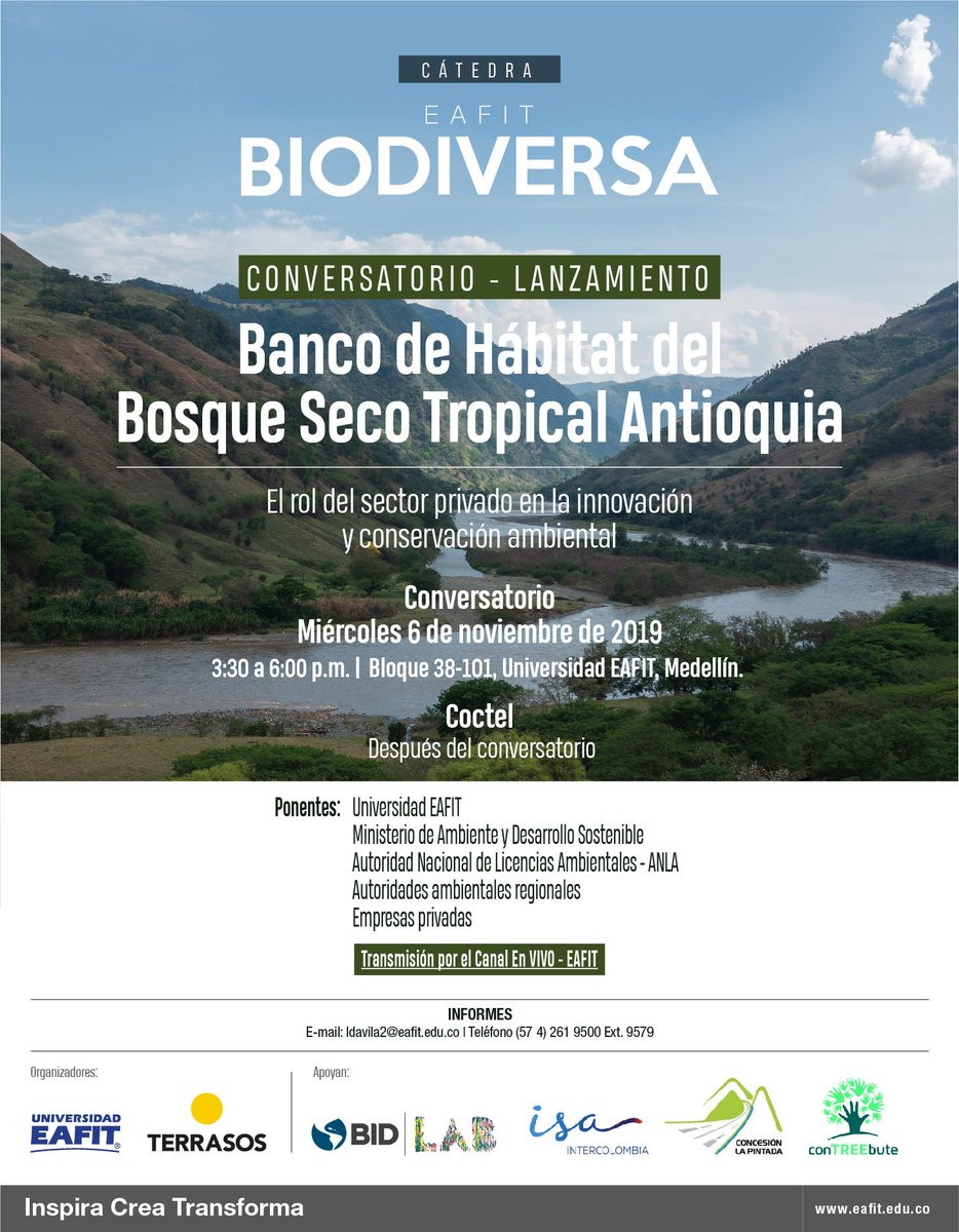 Próximo 6 de noviembre en EAFIT Medellín lanzamiento del banco de hábitat bosque seco tropical de Antioquia. Todos cordialmente invitados. Entrada libre con registro previo. forms.gle/eRAFV7k65mnudB… #habitatbank #biodiversityoffsets #biodiversitynetgain