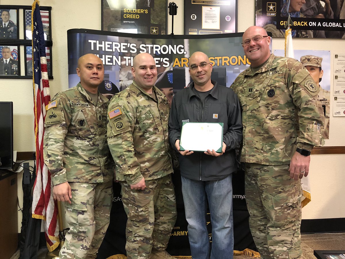 ArmyCompany's tweet photo. SSG Elliot spent over 4 years in GREENVILLE Station. He will be missed, but we know he will do great things in Odessa, TX as a Station Commander. https://t.co/SdzYe1u5PP