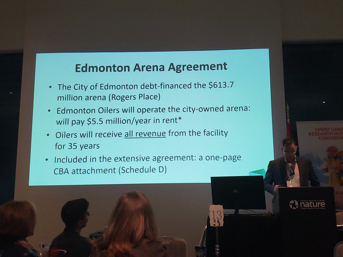 Simonthecurler's tweet photo. Dr. Jay Scherer sharing their critiques of the recent @EdmontonOilers and @CityofEdmonton arena deal. Other Canadian cities and sport team (@cityofcalgary, @NHLFlames, and @Senators), not to mention other collaborators, need to take notice and do better. #SCRI2019 https://t.co/3fGyCbHky1