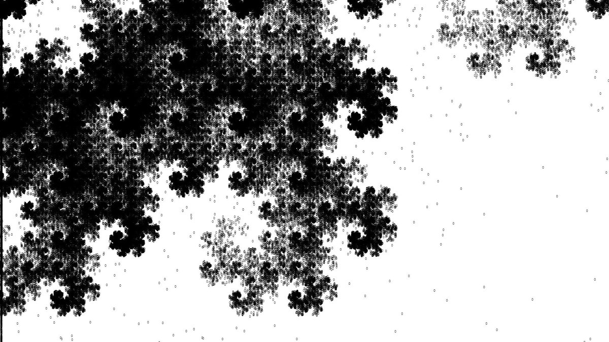 KilledByAPixel's tweet photo. 64 byte dragon curve one liner in #javascript https://t.co/x6FHAUknD4 in collaboration with @Xen_the and @rsiqueira

for(X=Y=K=i=3e3;i--;Y+=X=(X-Y)/2)x.fillText(0,i**t%3||X--*K,Y*K)

#codegolf #creativecoding #math #mathart #fratal #dragoncurve #100daysofcode #tinycode https://t.co/5Uw437CG6E