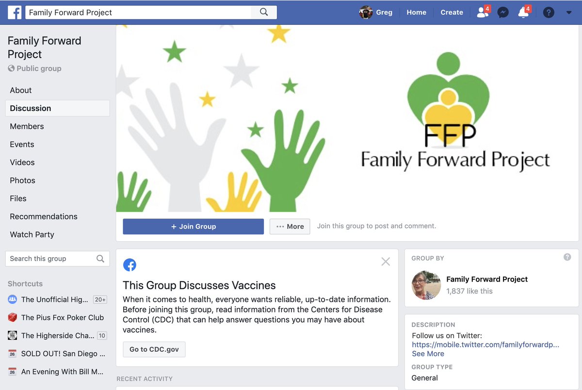 HighersideChats's tweet photo. So while researching the right person for a CPS episode, I found this parenting group on FB. Of course they discuss a lot of things, but how kind of FB to warn readers that there might be vax talk that counters the CDC. #NotMyInternet https://t.co/SjkpbIgBRf
