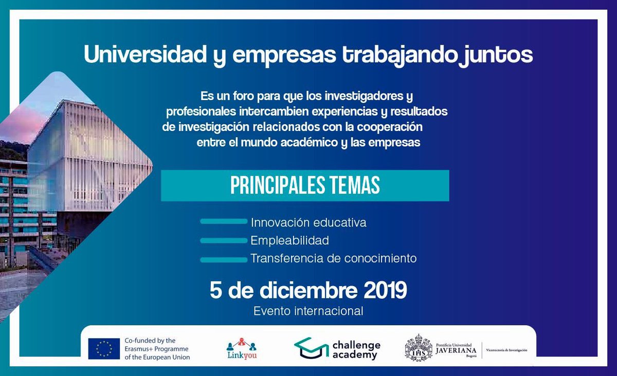 FahsbenderJuan's tweet image. Universidad y empresa juntos 💪
📆El 5 de diciembre los miembros de #LinkYouproject, en la Pontificia Universidad Javeriana en foro en que investigadores y profesionales intercambiar experiencias de investigación de transferencia tecnológica

linkyou.fahsbender.pe/es/