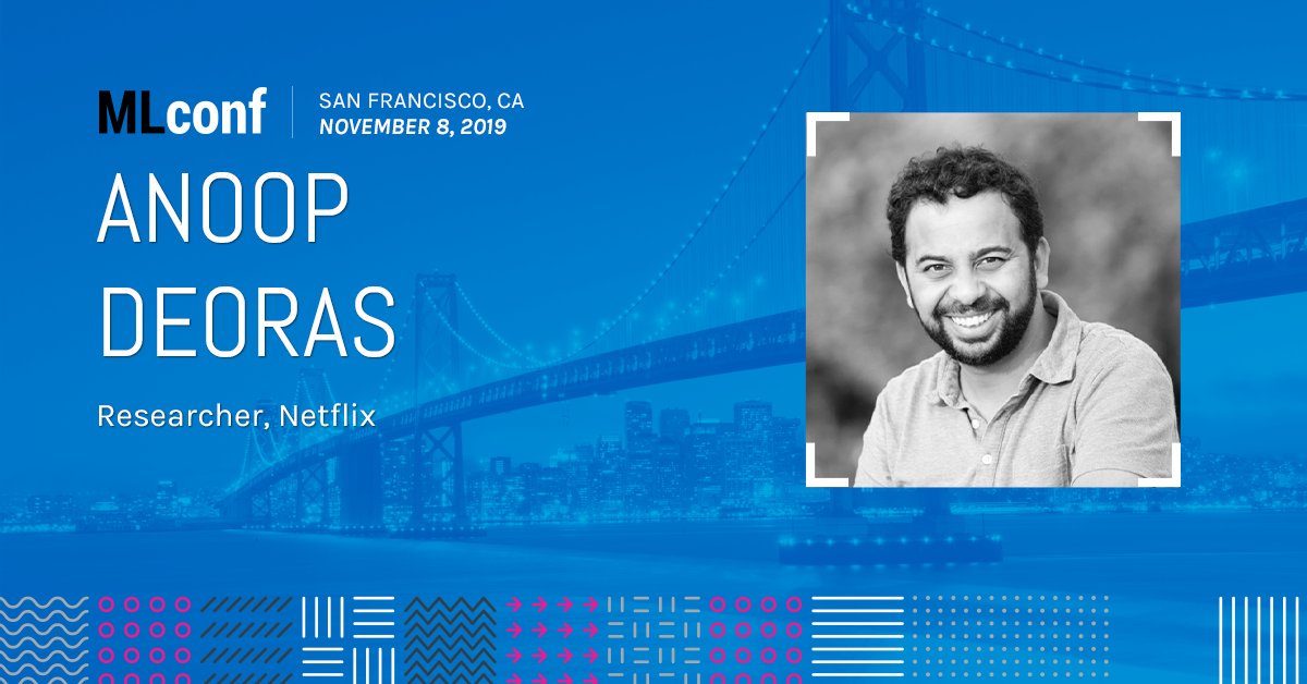MLconf's tweet photo. Don't miss @adeoras from @netflix present Building an Incrementally Trained, Local Taste Aware, Global Deep Learned Recommender System Model on 11/08 @mlconf. Use this code to save 20% on tickets: https://t.co/MoPh0o1p2c https://t.co/1Nb4b496T6