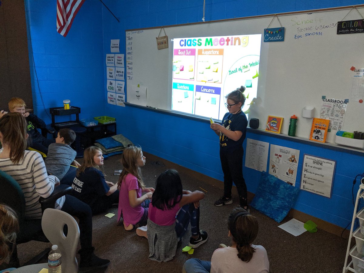 Mrs_Schoeff's tweet photo. Student-Led Class Meeting! They did a great job! #studentled #positivecommunicator #sascompass #heritagelearn https://t.co/pYLW5oZGeE