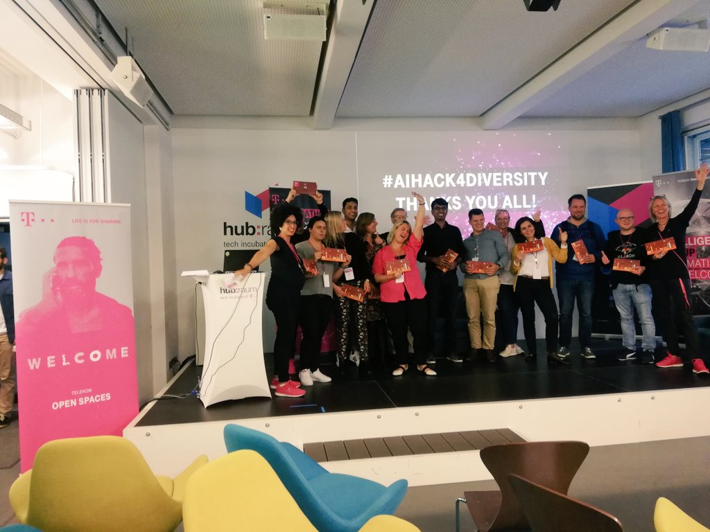 telekomOS's tweet photo. #AIHack4Diversity - Over and out! Our #AI #Diversity #Hackathon just ended, but -without any doubt- has been a great #success. A BIG THANKS to everyone involved, especially @KenzaAbbou, @cloudy_pooh, @SideShowJohn, @hubraum, @T_Labs, @Avira &amp; all helping hands &amp; the participants! https://t.co/w8sdC7CIoK