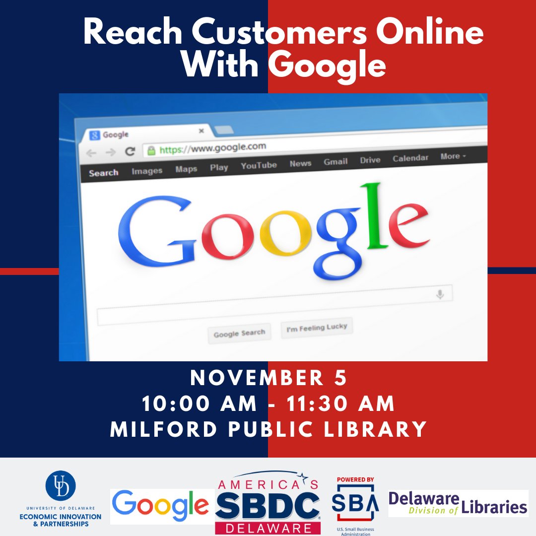 dsbdc's tweet photo. SBDC is Partnering with Google-did you see the two workshops that are coming up on November?
11/5 Reach Customers Online With Google in Milford AND 11/6 Using Data to Drive Business Growth in New Castle
Register now-seating is limited!
https://t.co/Zb4A6mmb1G https://t.co/J19DKwXzHy