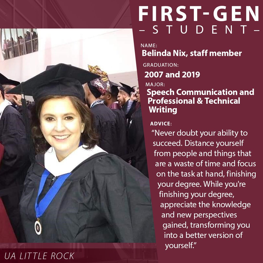 UALR's tweet image. Advice from one first-gen student to others: "Never doubt your ability to succeed. Appreciate the knowledge and new perspectives gained, transforming you into a better version of yourself.”

View more on our Facebook page. #FirstGenStudent #FirstGenTrojan