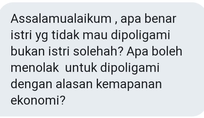 Salam. Tidak ada ayat Alquran dan Hadis Nabi yang mengatakan istri salehah adalah istri yang mau dipoligami, bahkan Nabi Muhammad saw. pun tidak mau putrinya FATIMAH ra. dipoligami. Istri boleh menolak dipoligami, bahkan boleh ditulis dlm perjanjian sblm nikah. Wallahu a'lam.