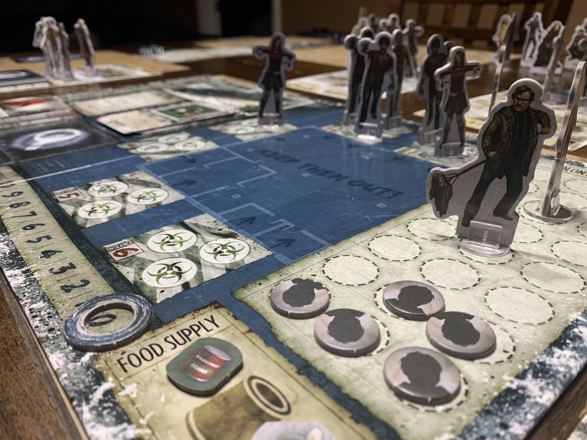 Brewin4aLivin's tweet photo. This place is a pig sty. The absolute mess these zombies made was entirely too much for my mop! No one paid attention to my wet floor signs resulting in multiple work comp claims and even more deaths. @PlaidHatGames #Zombies #Deadofwinter #BrandonKane #Fridaynightboardgames https://t.co/2aaFkPzBrV