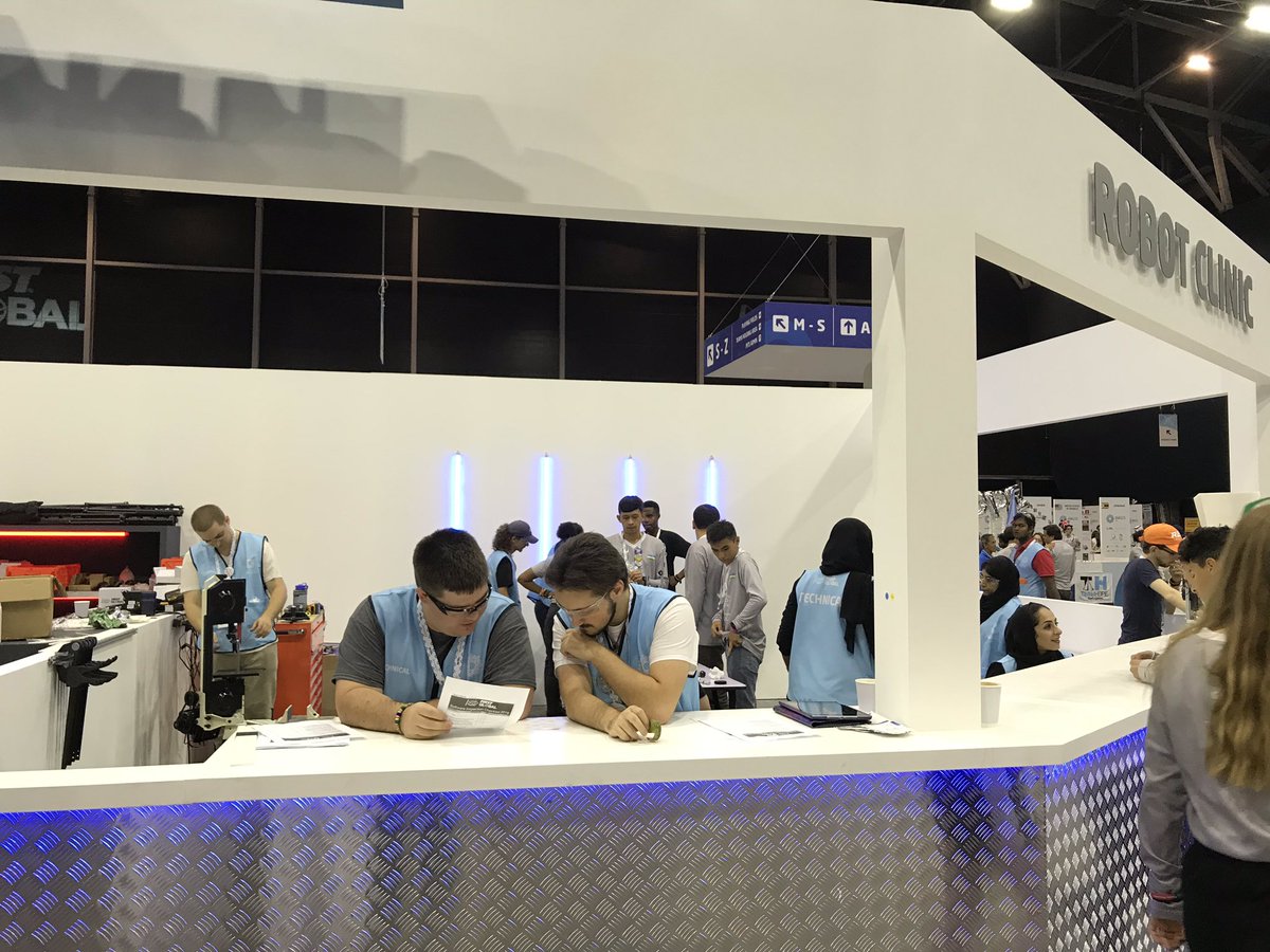 Day 2 at the <a href="/F1RSTglobal/">FIRST Global</a> competition in Dubai. We are volunteers doing: robot inspectors, flying squad, robot clinic, and a judge!
