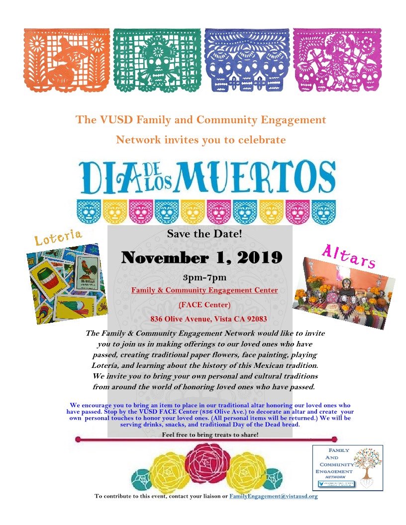 Come celebrate Dia De Los Muertos hosted by ⁦<a href="/EngageVista/">VistaUSD FACENetwork</a>⁩ ! It will be a great day to spend with the community in our beautiful town. ⁦<a href="/VistaChamber/">Vista Chamber</a>⁩ <a href="/vistacalifornia/">Vista California</a> ⁦<a href="/joegreen760/">Joe Green</a>⁩
