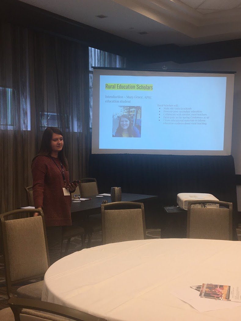 APSURuralEd's tweet photo. Mary Grace tells session participants about the APSU Rural Scholars program. Great job!!! #RuralEdForum https://t.co/X70t0MyVRF