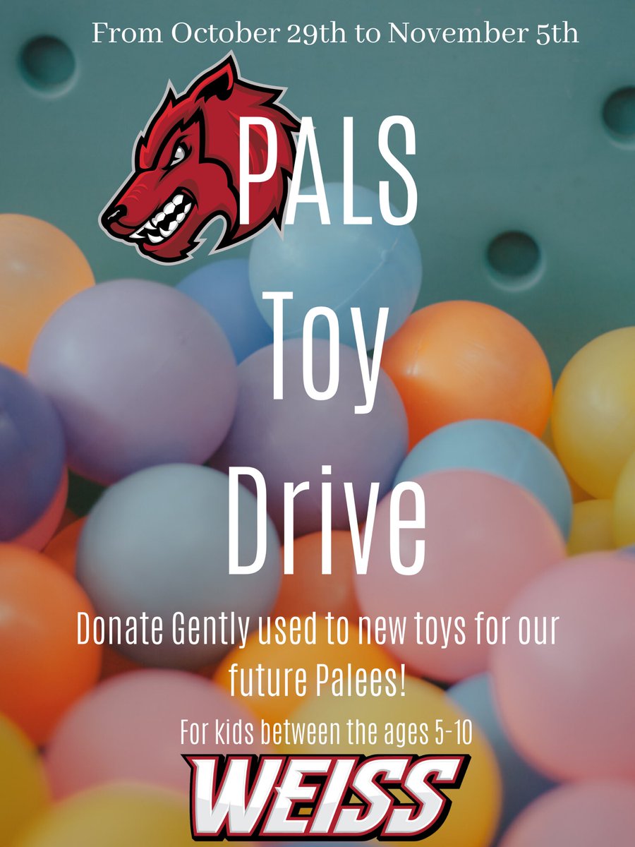 PalsWeiss's tweet image. Hey everyone! Next Tuesday we will start our PALS toy drive :) If you have any used or new toys that you no longer use please bring them next week and drop them in the PALS donation Bin. These toys will be for our future Palees to play with!