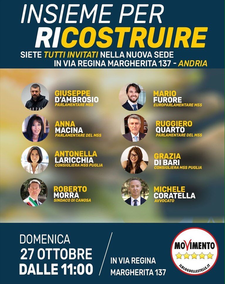 enzoq69's tweet photo. Domenica 27 ottobre, alle ore 11:00 il Movimento 5 Stelle inaugura la sua nuova sede di #Andria.
#SempreInMovimento @AvvGraziaDiBari @AntoLari1986 @GiuseppeDAmbro1 #M5S https://t.co/sJWLgLCcm3