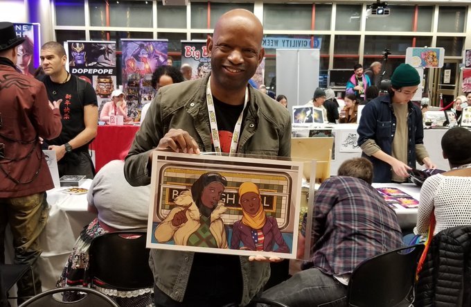 FIT_artdesign's tweet photo. Computer Graphics Prof Jerome Walford showing his work at #FITDivCon of the diverse faces of the NYC subway scene, here his piece "Mother Daughter" @forwardcomix https://t.co/FGjLZPtZb2