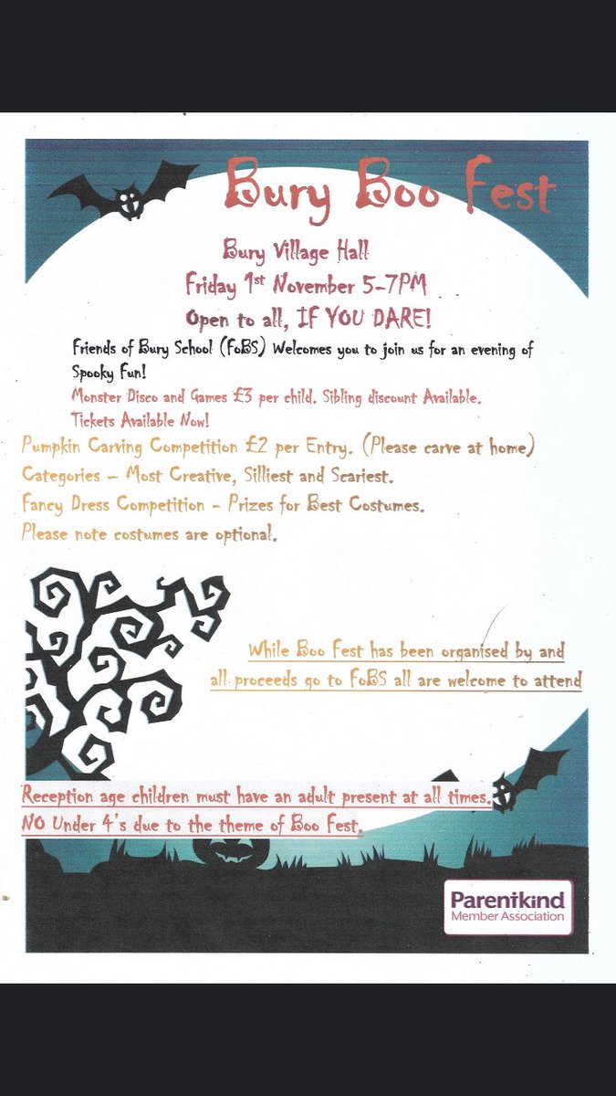 Looking for some spooky fun for the kids this half term?
Come along to Bury Village Hall on Friday 1st November from 5pm-7pm for Bury Boo Fest.
Please see poster for more details. 
Tickets can be reserved (pay on arrival) by email to fobs@bury.school.